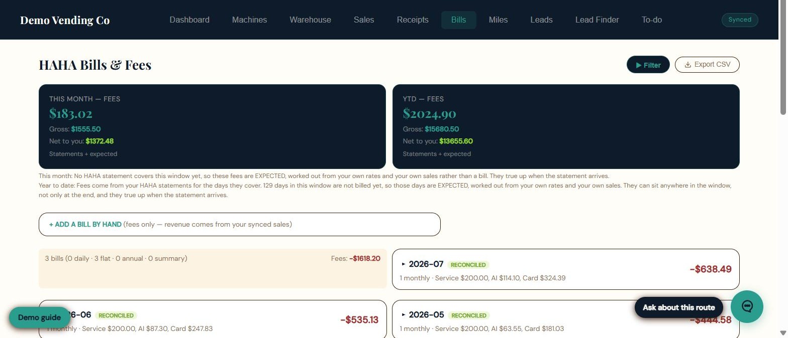 VENDBase HAHA bills and fees: statements read as line items, settled months folded, estimates marked