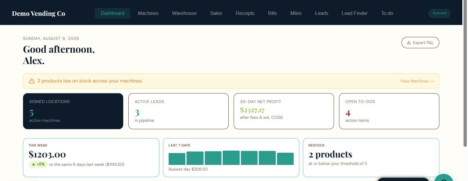 VENDBase dashboard for HAHA vending operators: this week against last week, last 7 days, restock, and 30-day net profit