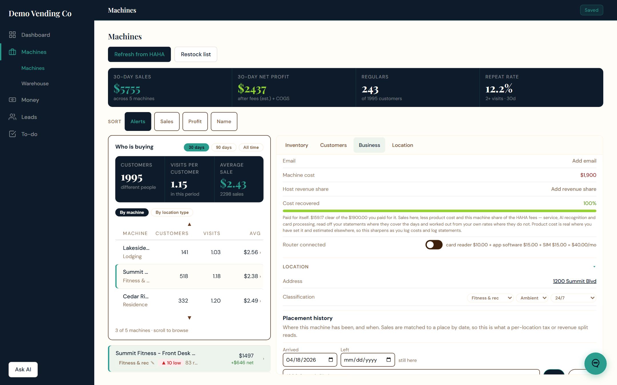VENDBase machine card: machine cost, host revenue share, cost recovered against what the machine cost, and the monthly connectivity cost broken out