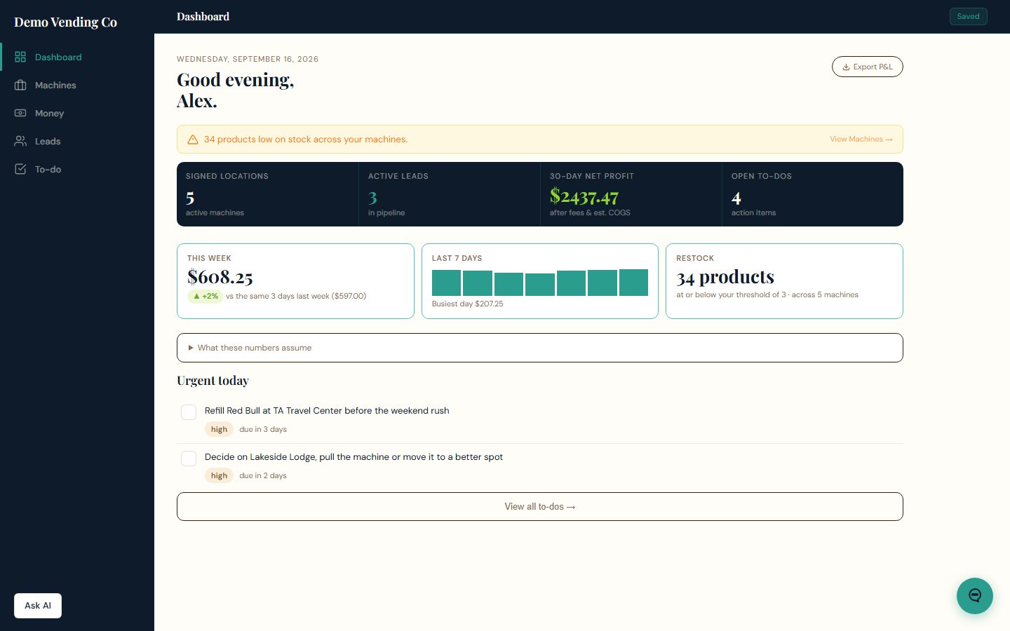 VENDBase dashboard for HAHA and Qingo operators